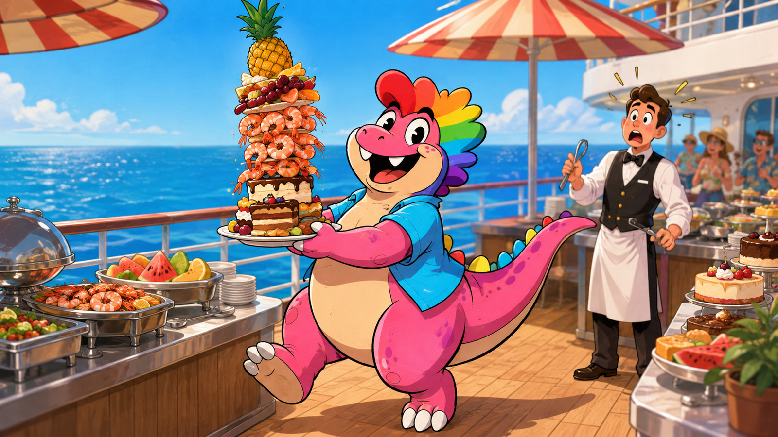 The pink dinosaur loading a plate at a cruise ship buffet with enormous confidence.