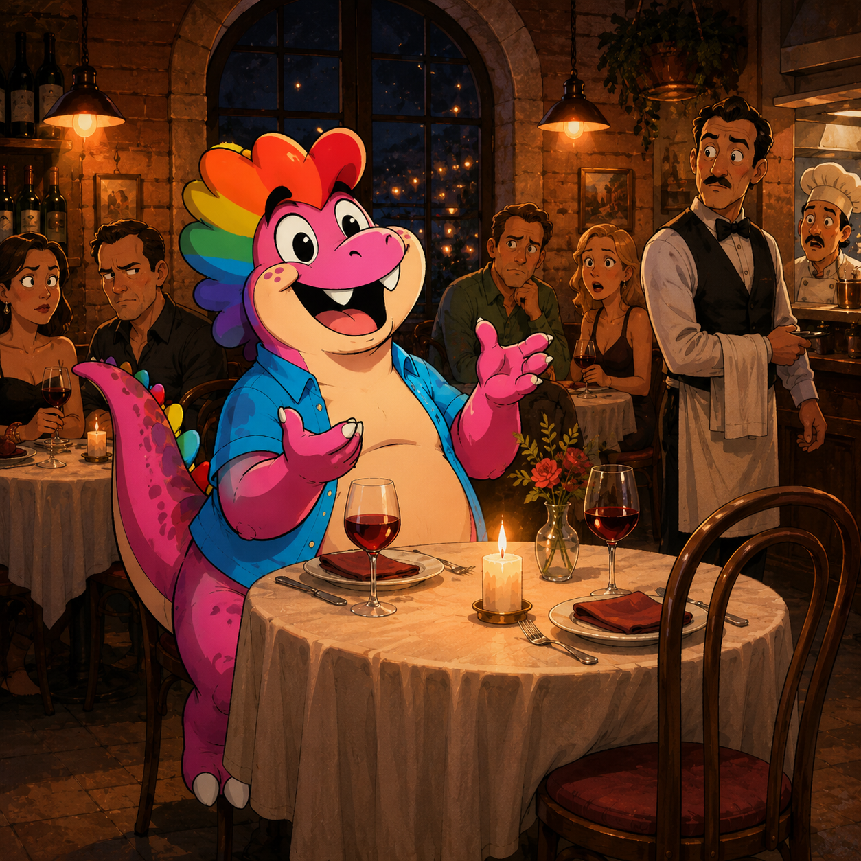 The pink dinosaur seated at a candlelit restaurant table across from an empty chair, smiling hopefully.