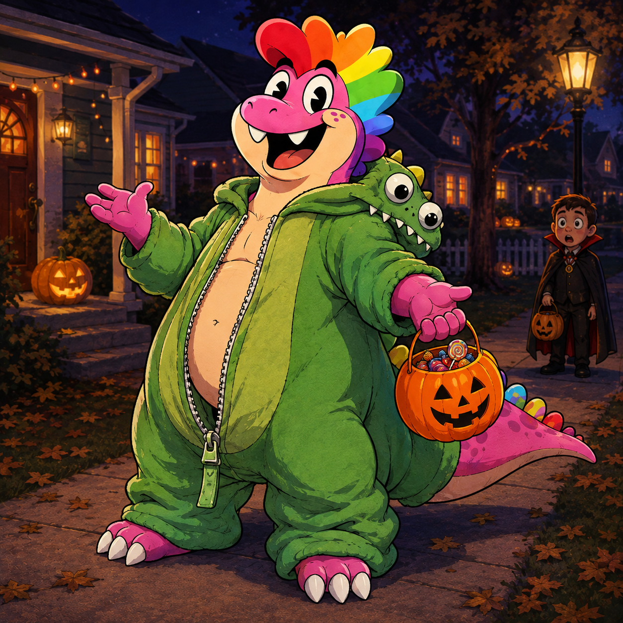 The pink dinosaur delightedly wearing a store-bought dinosaur costume over himself.