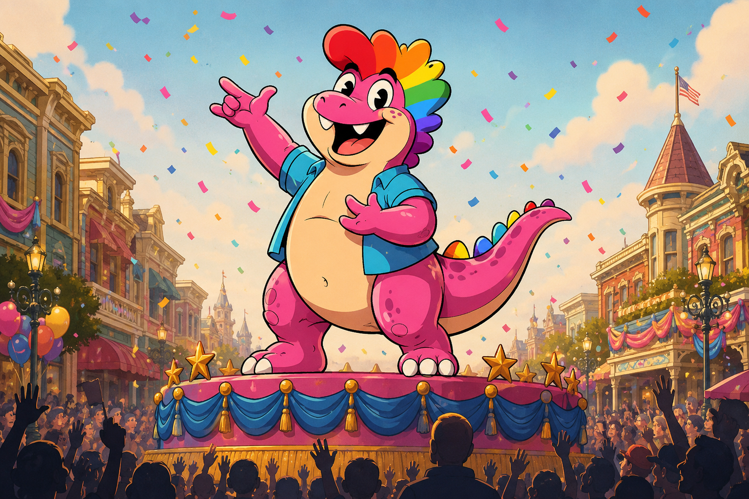 The pink dinosaur riding a parade float with his arms thrown wide, very much the main attraction.