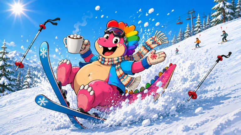The pink dinosaur in full ski gear tumbling down a snowy slope while holding a mug of cocoa perfectly level.