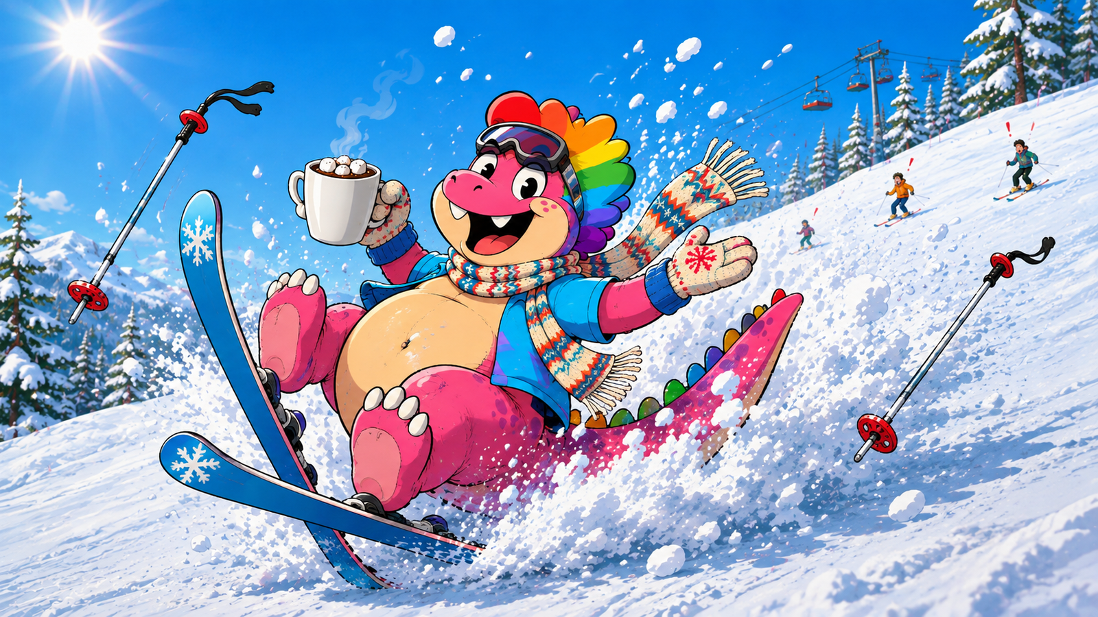 The pink dinosaur in full ski gear tumbling down a snowy slope while holding a mug of cocoa perfectly level.