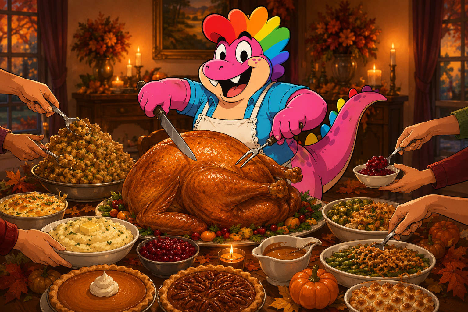 The pink dinosaur carving an enormous turkey while relatives hands reach in from off frame.