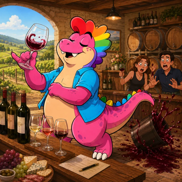 The pink dinosaur swirling a glass of red wine with great seriousness while his tail knocks over the spit bucket behind him.