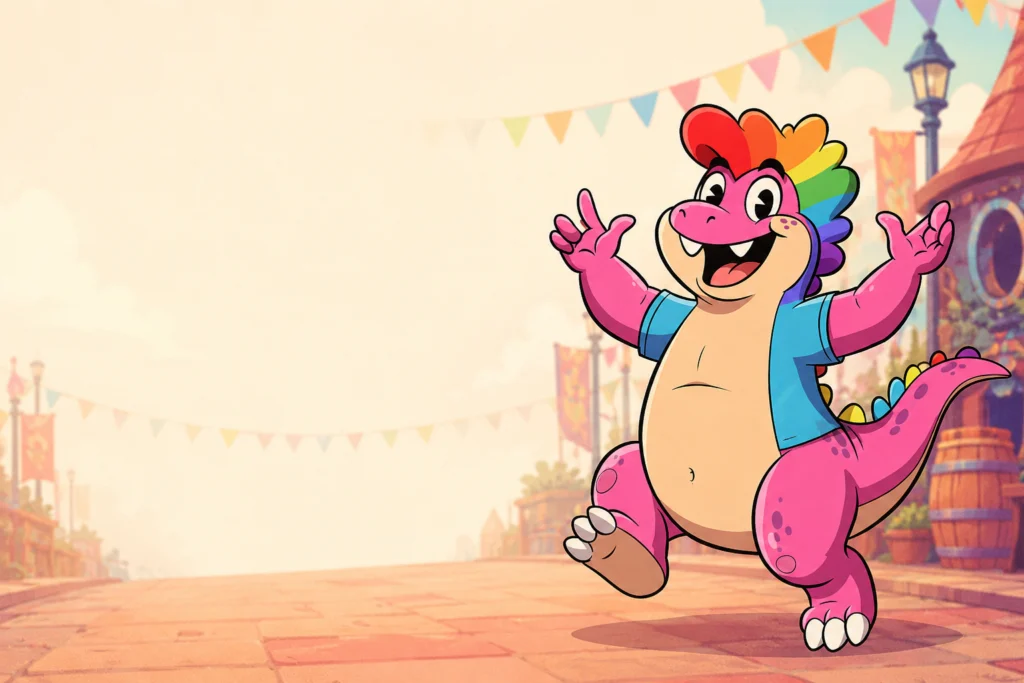 A large pink dinosaur with a rainbow crest and an open blue shirt strutting through a bright carnival, arms raised and one leg kicked high.