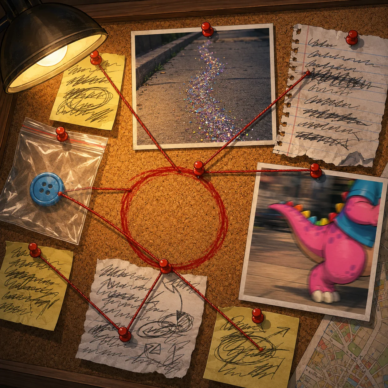 A corkboard pinned with red string connecting a photograph of a glitter trail, a blue shirt button sealed in an evidence bag, handwritten notes and a blurred photograph of the pink dinosaur mid-stride.