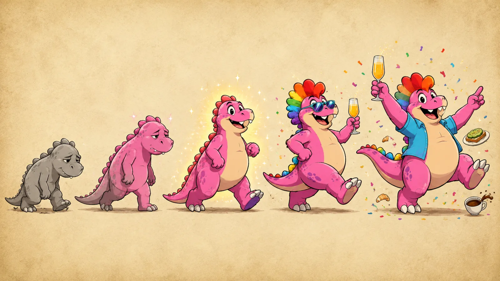 A left-to-right evolution sequence on aged paper: a small grey dinosaur becoming progressively pinker and more elaborate, ending with the pink dinosaur in sunglasses holding a glass of champagne beside brunch.