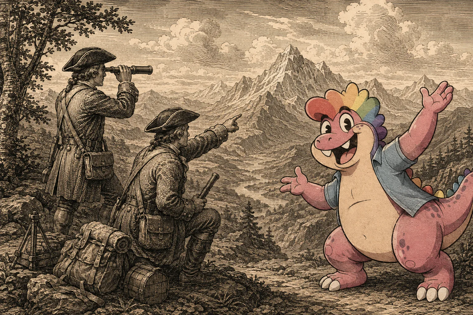 A sepia expedition engraving of two nineteenth-century surveyors with a telescope in a mountain landscape, with the pink dinosaur standing behind them waving.