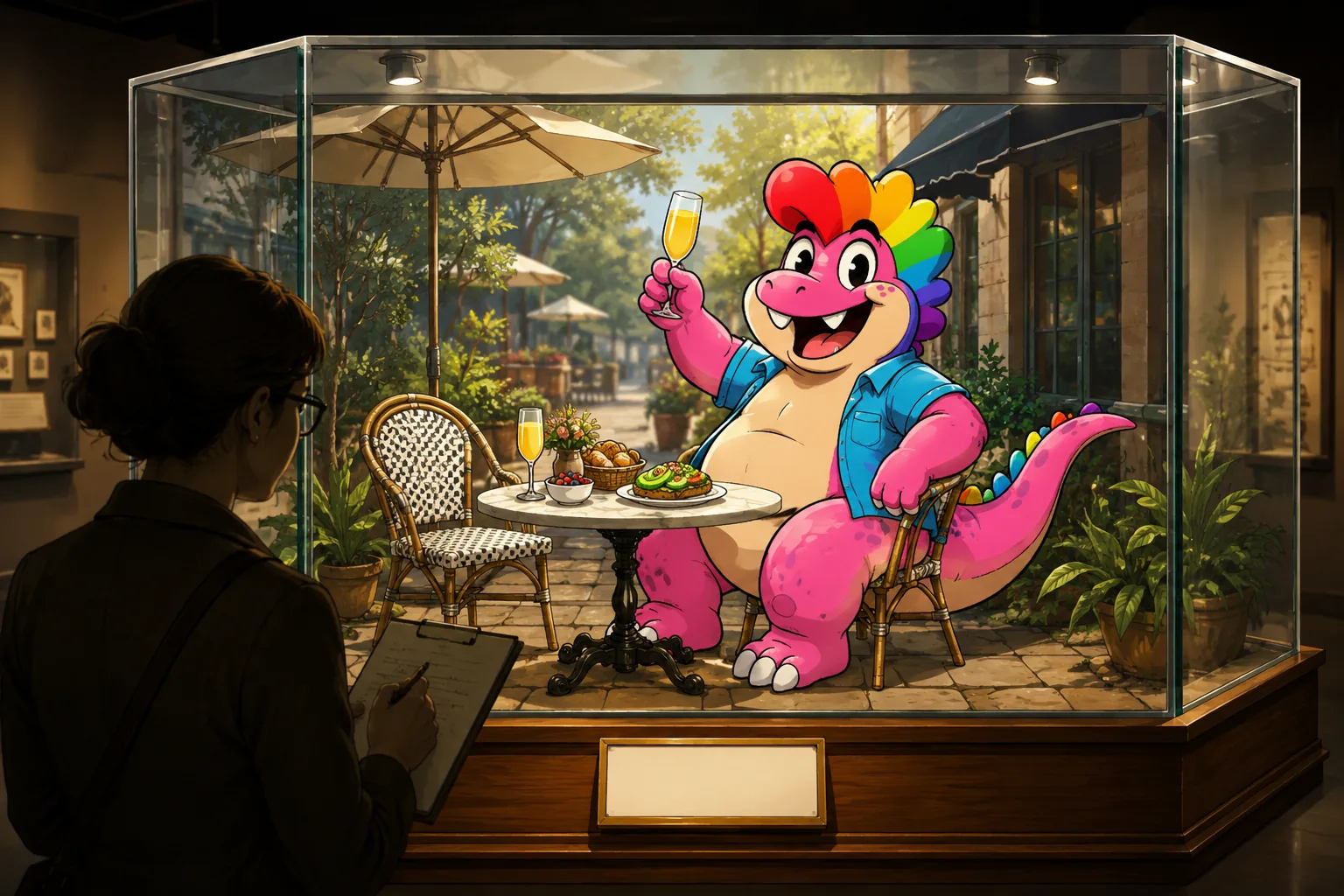A museum diorama behind glass showing the pink dinosaur seated at a cafe table with champagne and brunch, watched by the silhouette of a visitor.