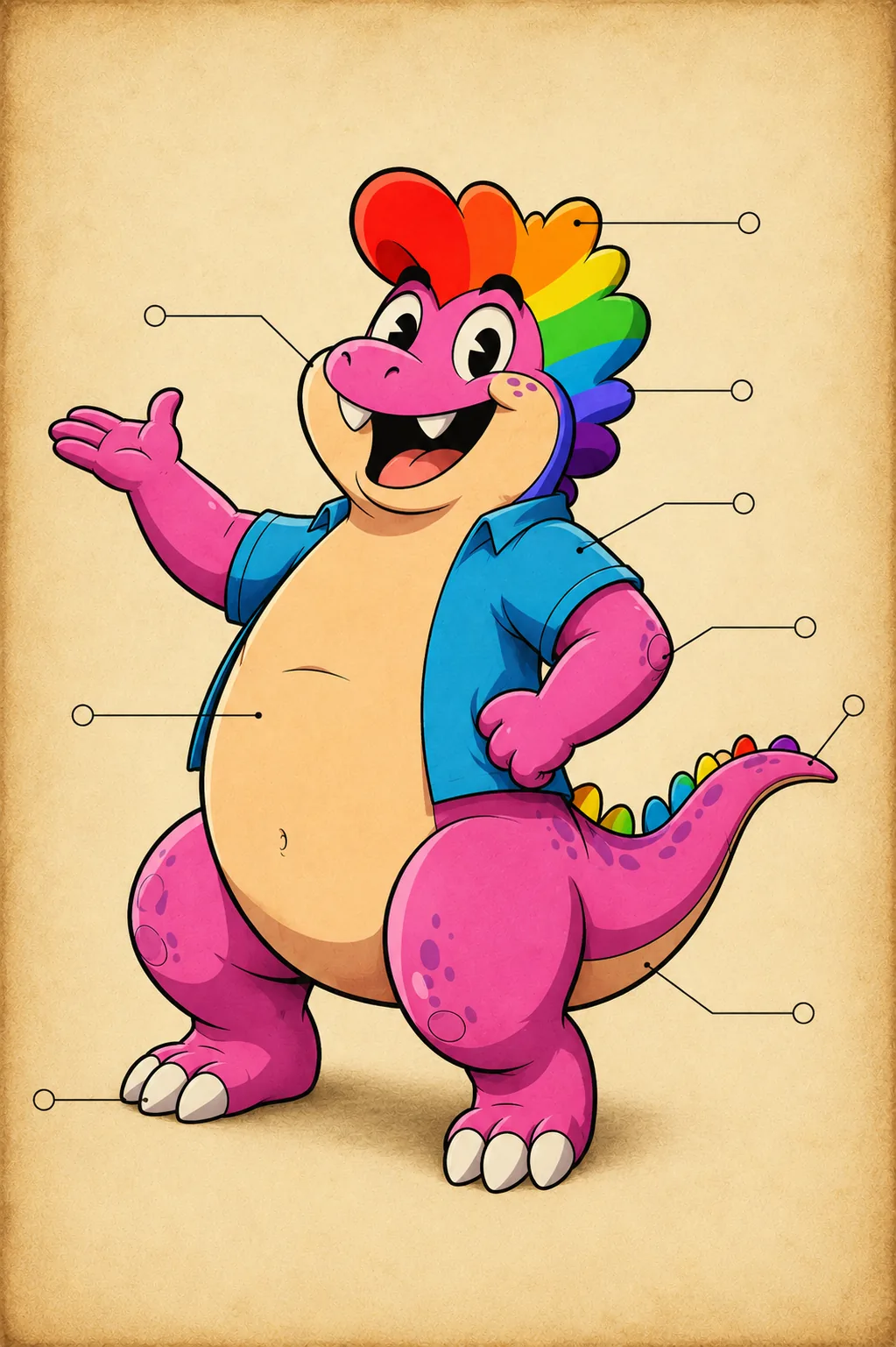 A natural history anatomy plate of the pink dinosaur standing on aged paper, with nine leader lines pointing to the crest, dorsal plates, muzzle, shirt, forelimb, belly, tail and foot.