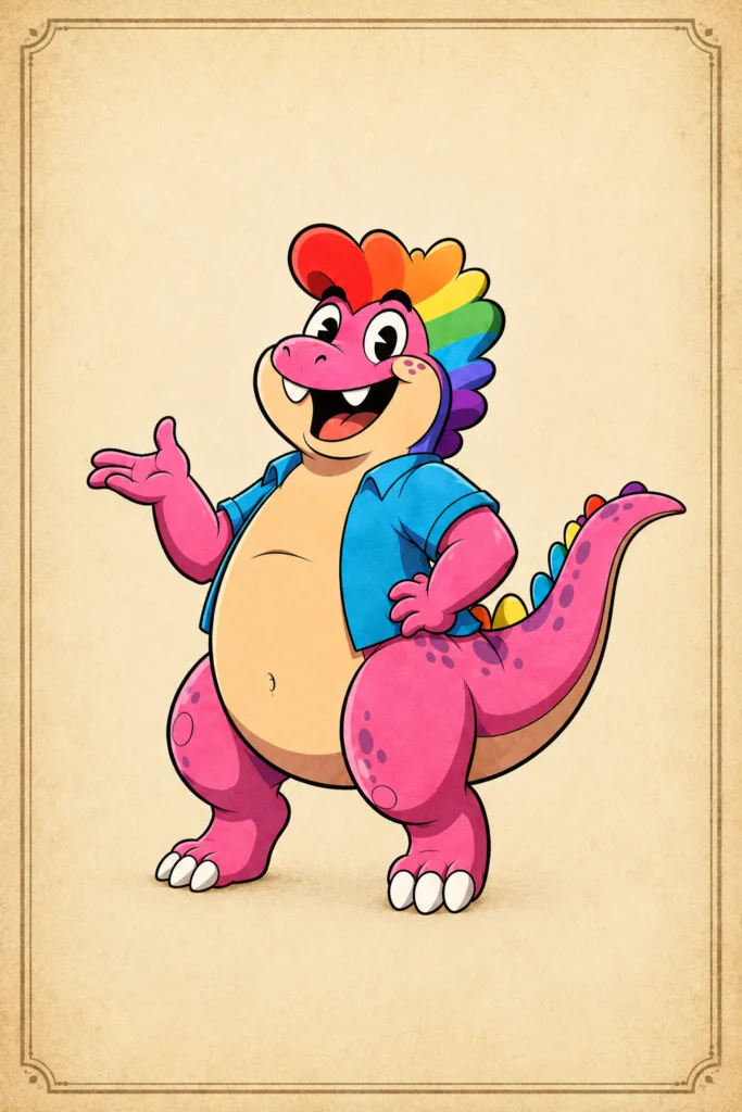 A natural history style specimen plate of the pink dinosaur posed formally against a cream background, rainbow crest and open blue shirt clearly visible.