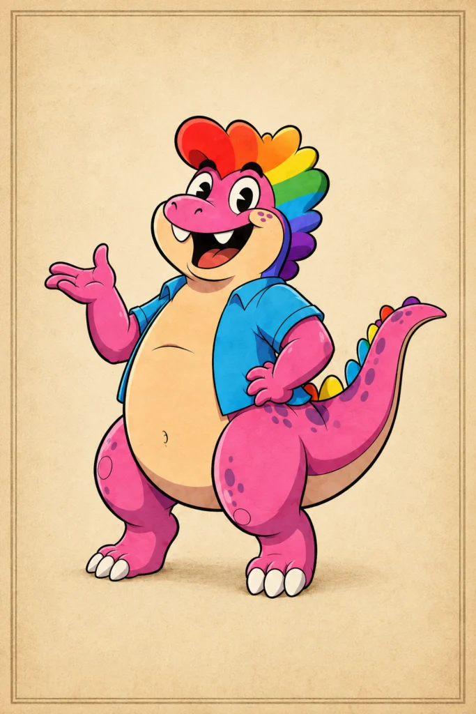 A museum poster treatment of the pink dinosaur formal portrait.
