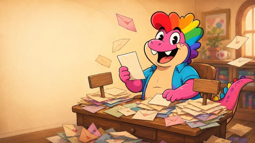 The pink dinosaur at a small desk sorting a mountain of fan mail into two piles, one marked urgent and one marked fabulous.
