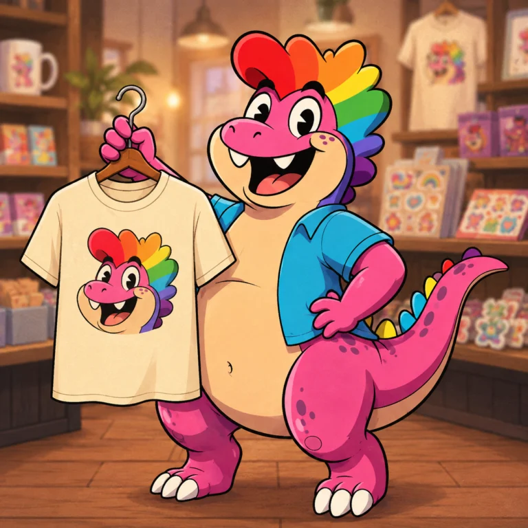 The pink dinosaur proudly holding up a plain t-shirt printed with his own face, standing in a bright shop window display.