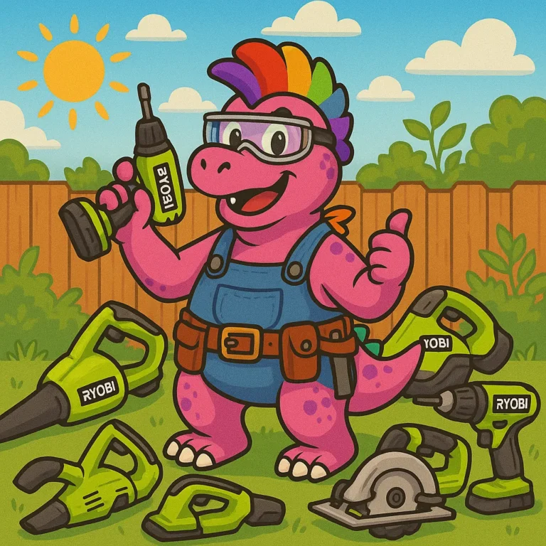 The pink dinosaur in safety goggles and a tool belt standing in a backyard surrounded by power tools.