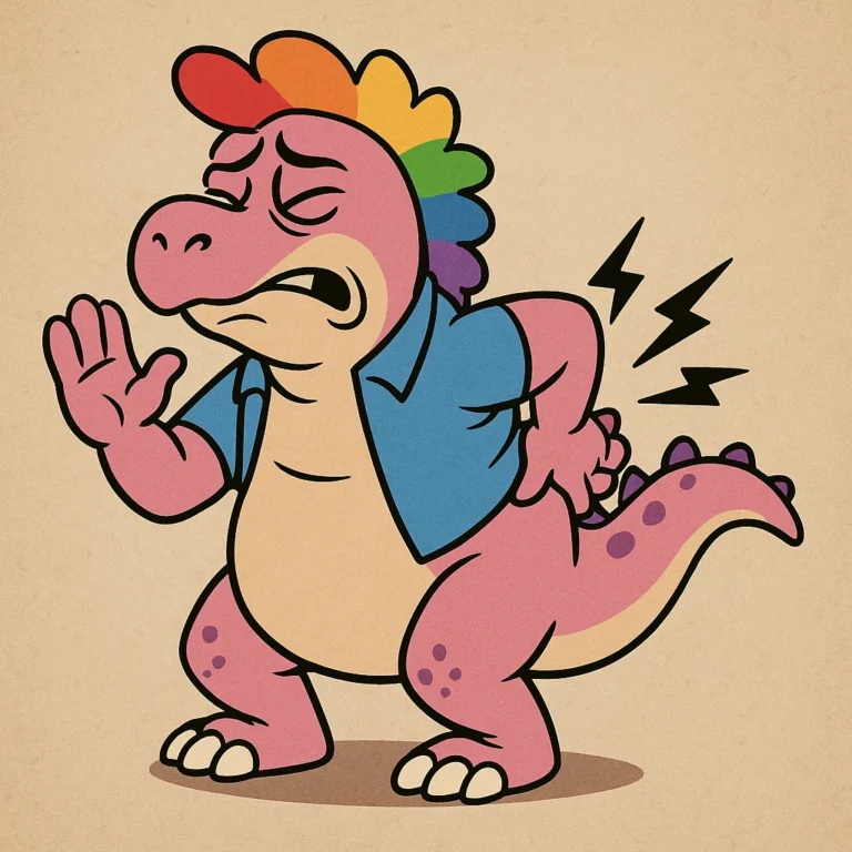 The pink dinosaur wincing and clutching his lower back, with pain lines drawn behind him.