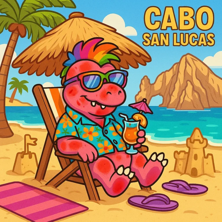 The pink dinosaur in sunglasses and a floral shirt reclining in a beach chair with a cocktail, a rock arch and sandcastle behind him.