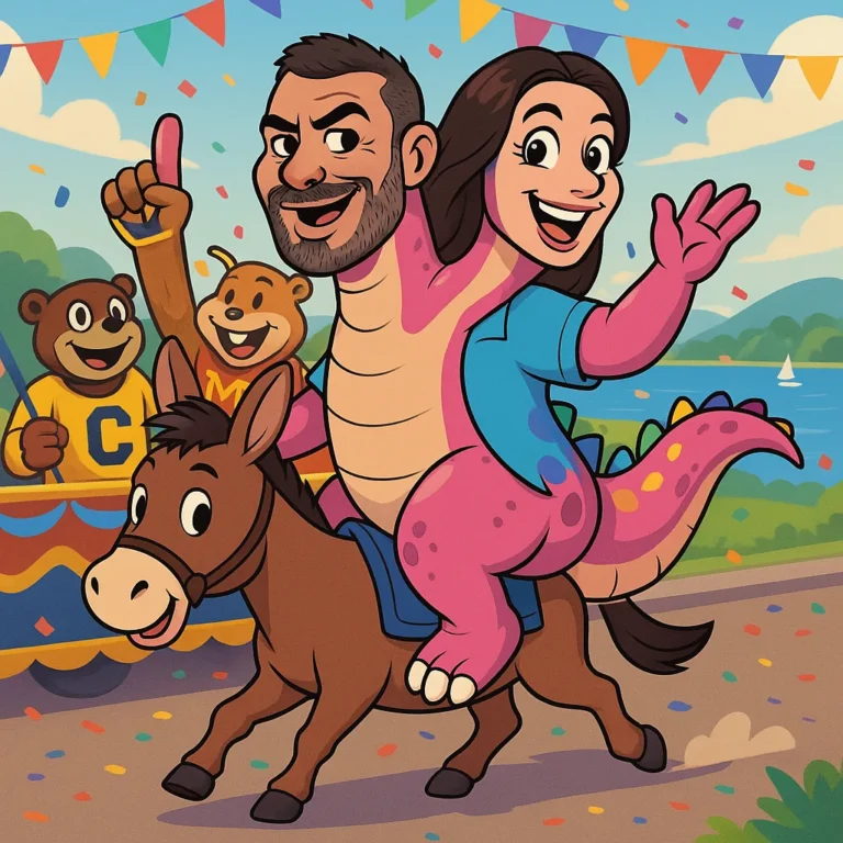 The pink dinosaur and two cheerful riders on a donkey at a seaside celebration, all of them waving.