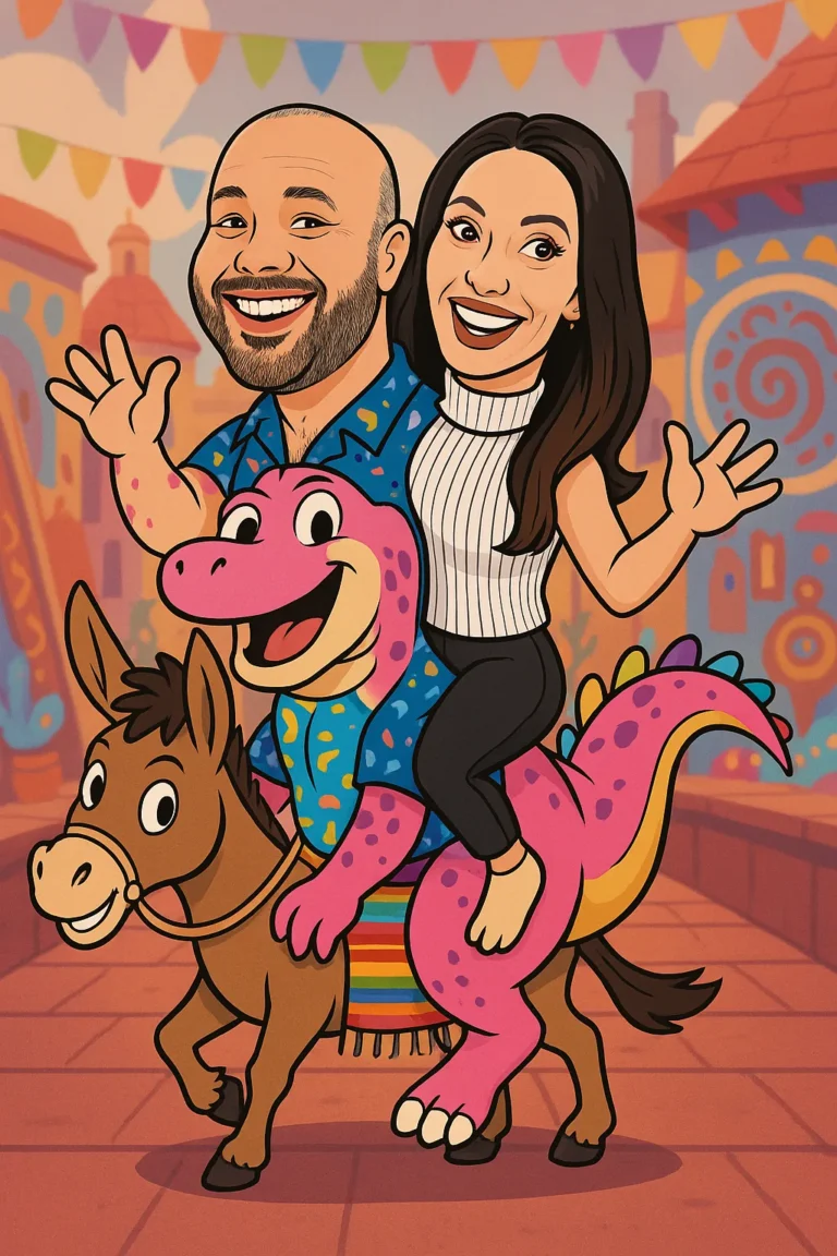 The pink dinosaur riding a small donkey through a festival while two riders wave from behind.