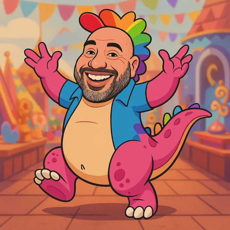 A pink dinosaur with a human face and a beard, arms thrown wide, celebrating at a colourful festival.