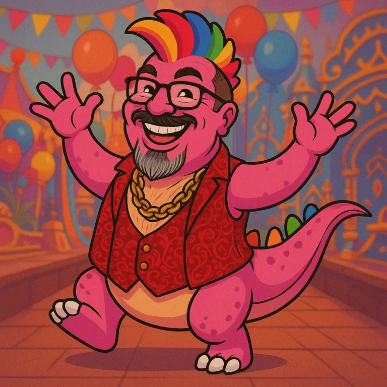 A pink dinosaur with a human face in a red waistcoat and gold chain, dancing among balloons.