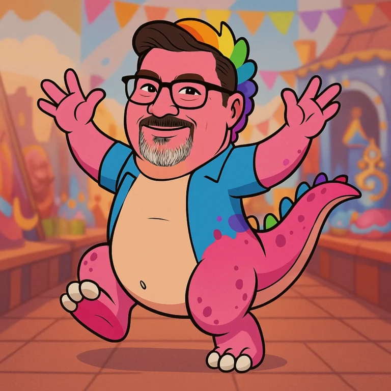 A pink dinosaur with a human face and glasses, arms raised in celebration at a bright festival.