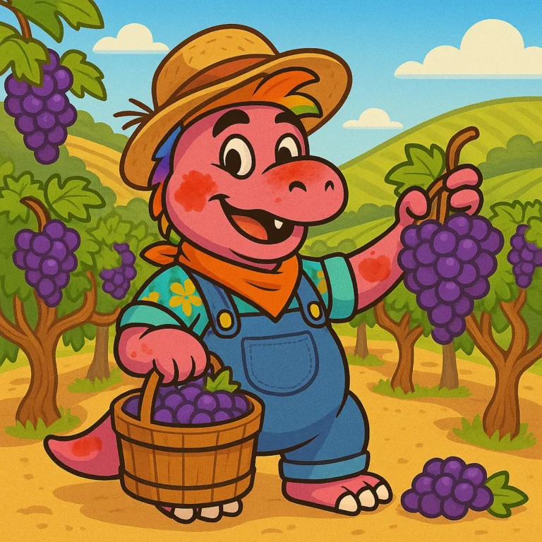 The pink dinosaur in overalls and a straw hat carrying a bucket of grapes through a vineyard.