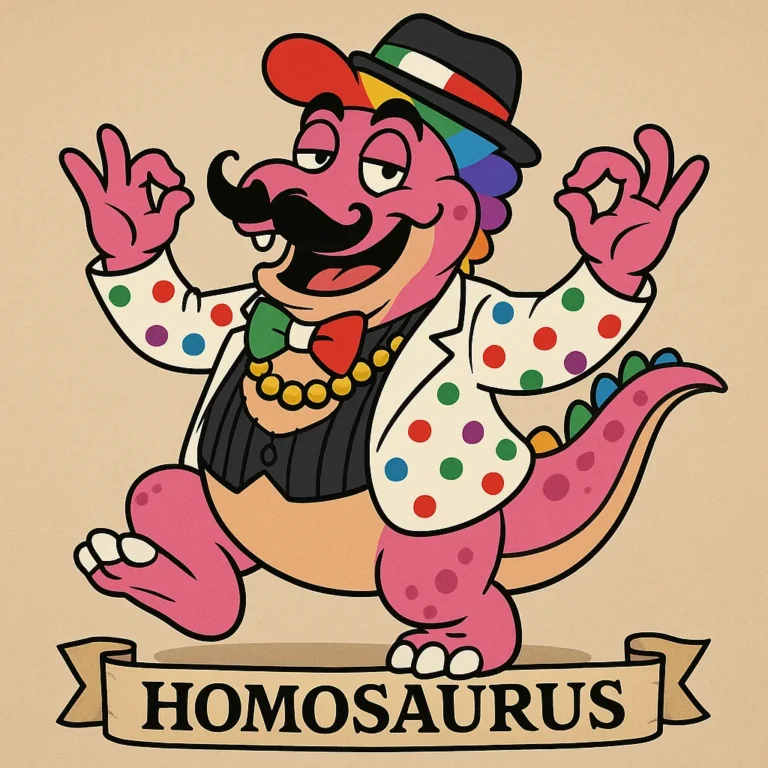 The pink dinosaur with a curled moustache, bow tie and polka-dot shirt gesturing above a banner reading Homosaurus.