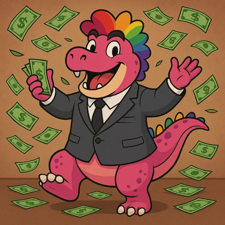 The pink dinosaur in a suit and tie flinging banknotes into the air as money falls all around him.