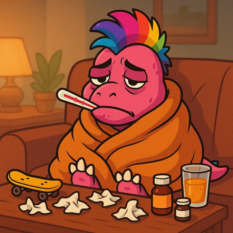 The pink dinosaur wrapped in a blanket on the sofa with a thermometer in his mouth, tissues and medicine on the table.