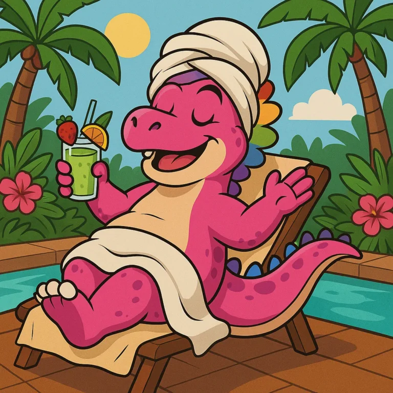 The pink dinosaur in a towel turban reclining on a poolside lounger with a green drink.
