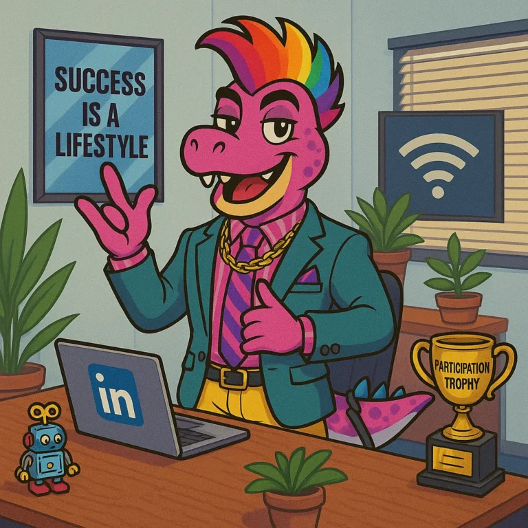 The pink dinosaur in a blazer at a desk giving a thumbs up beside a poster reading Success is a Lifestyle.