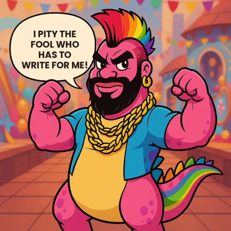 The pink dinosaur styled as a bearded tough guy in gold chains, with a speech bubble reading I pity the fool who has to write for me.