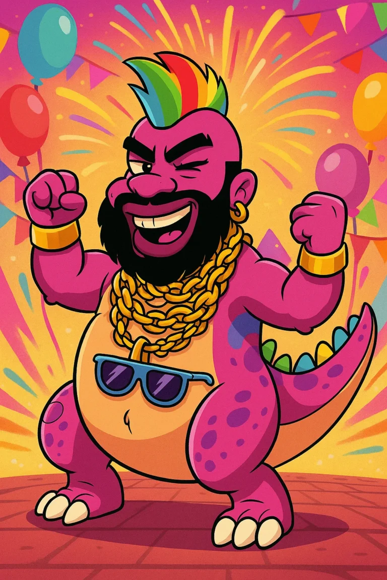 The pink dinosaur styled as a muscular bearded tough guy in sunglasses and gold chains, flexing.