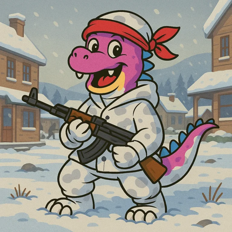 The pink dinosaur in winter clothing and a red headband walking through a snowy village street carrying a rifle.